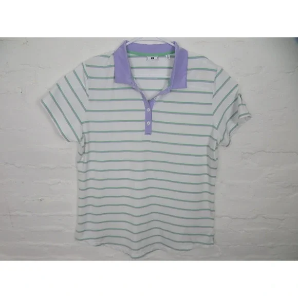 FootJoy Shirt Women Extra Large White Stripe Purple Green Golf Polo Performance - Picture 1 of 7
